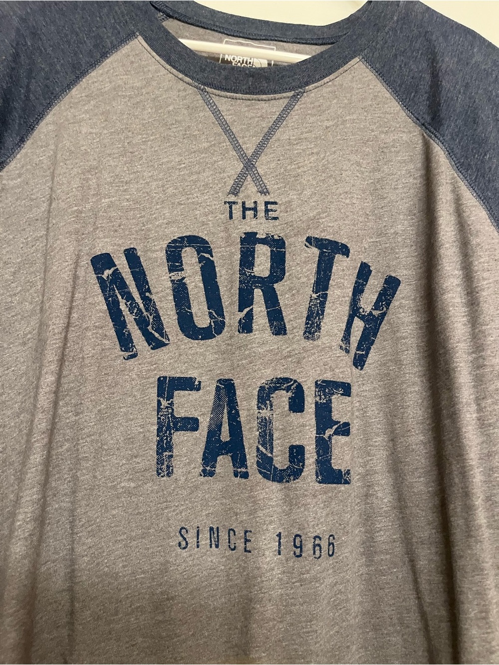 The North Face Heather Gray Body with Navy Raglan Logo Shirt - Picture 3 of 4
